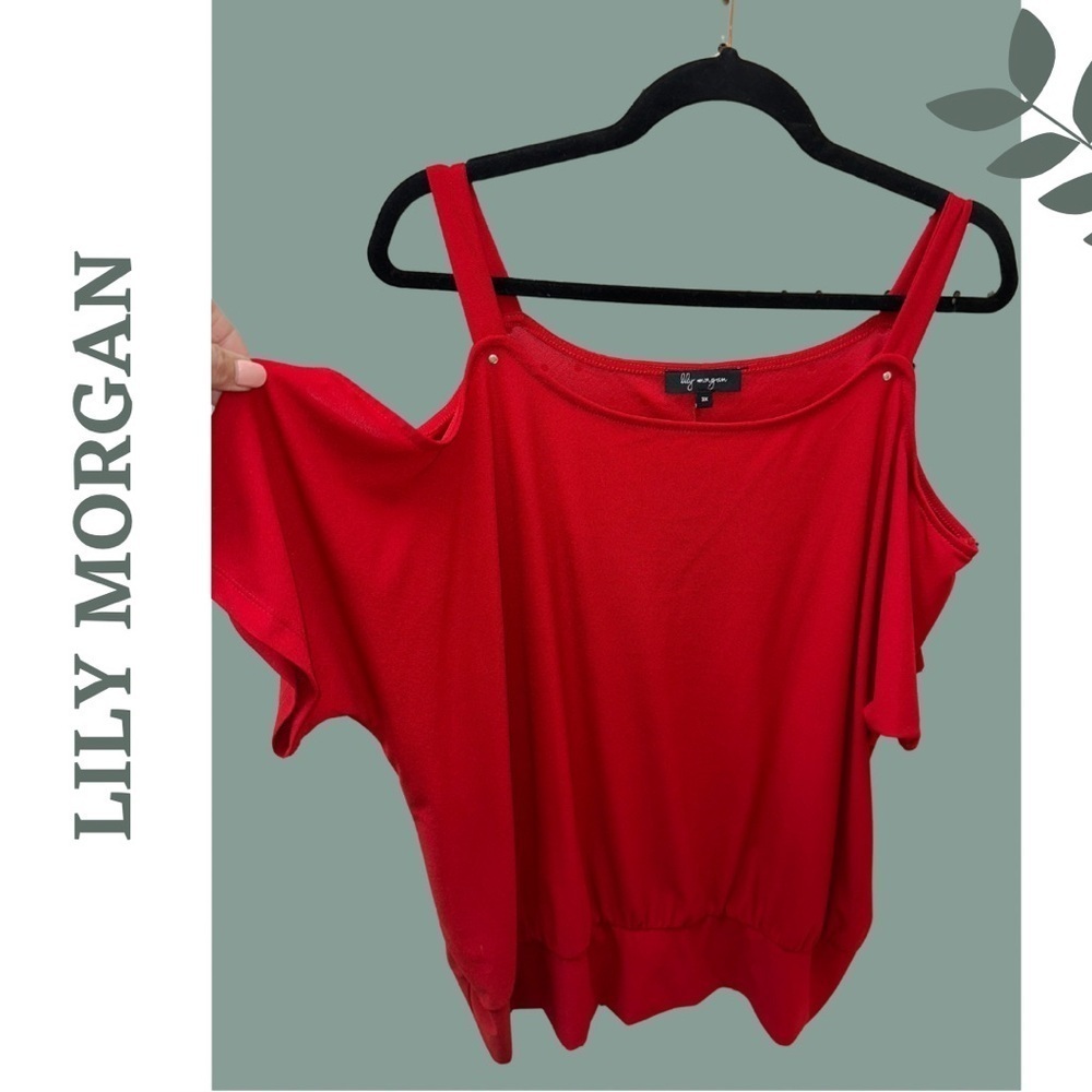 🛍️ Lily Morgan Cold Shoulder Red Women's Top with Waistband Size 3X